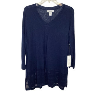 Rachel Zoe Top Women’s Blue Sz XL Tunic Linen Crochet Quiet Luxury New